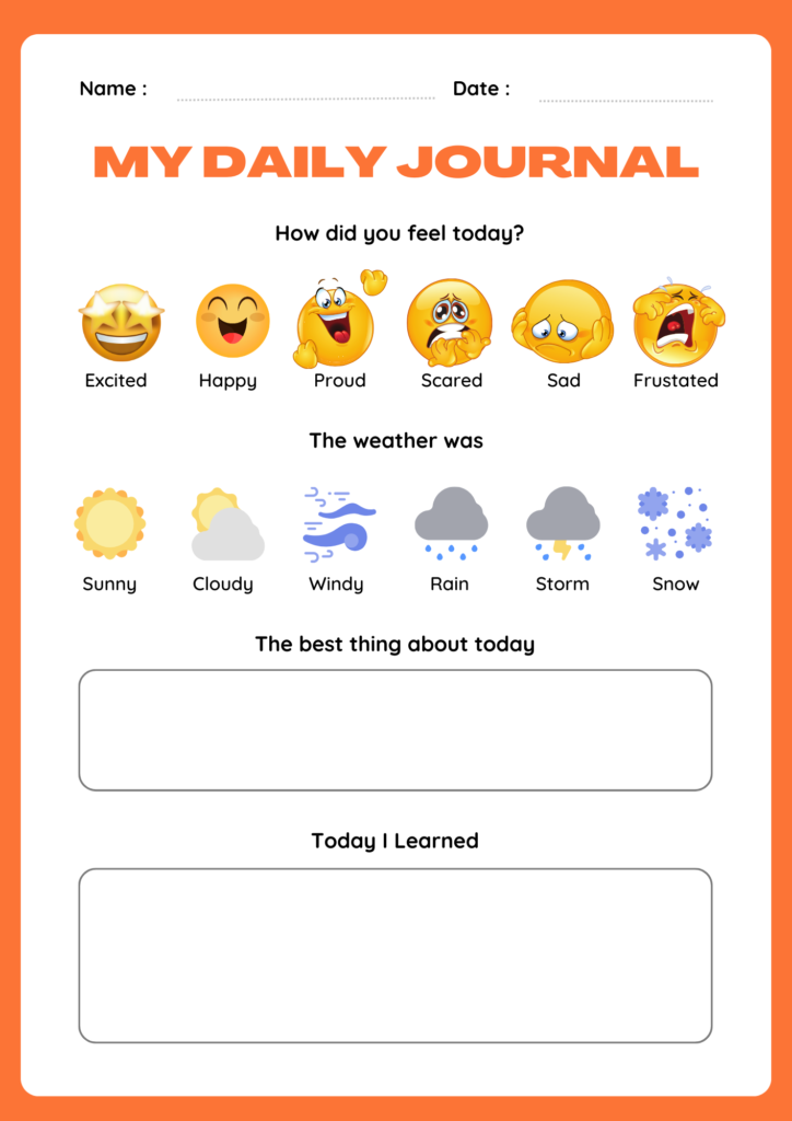 Children's daily journal page with emoji faces representing different emotions and weather icons, encouraging kids to reflect on their feelings and experiences.