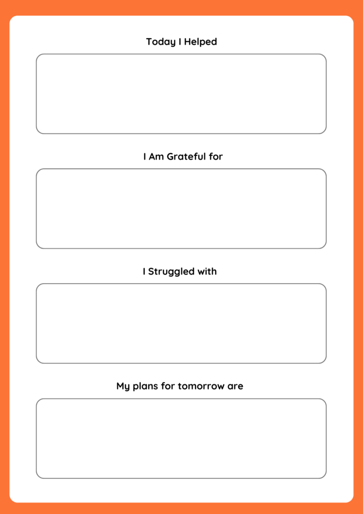 Children's daily journal page with prompts such as 'Today I Helped,' 'I Am Grateful for,' and 'I Struggled with,' designed to help kids build emotional awareness and gratitude